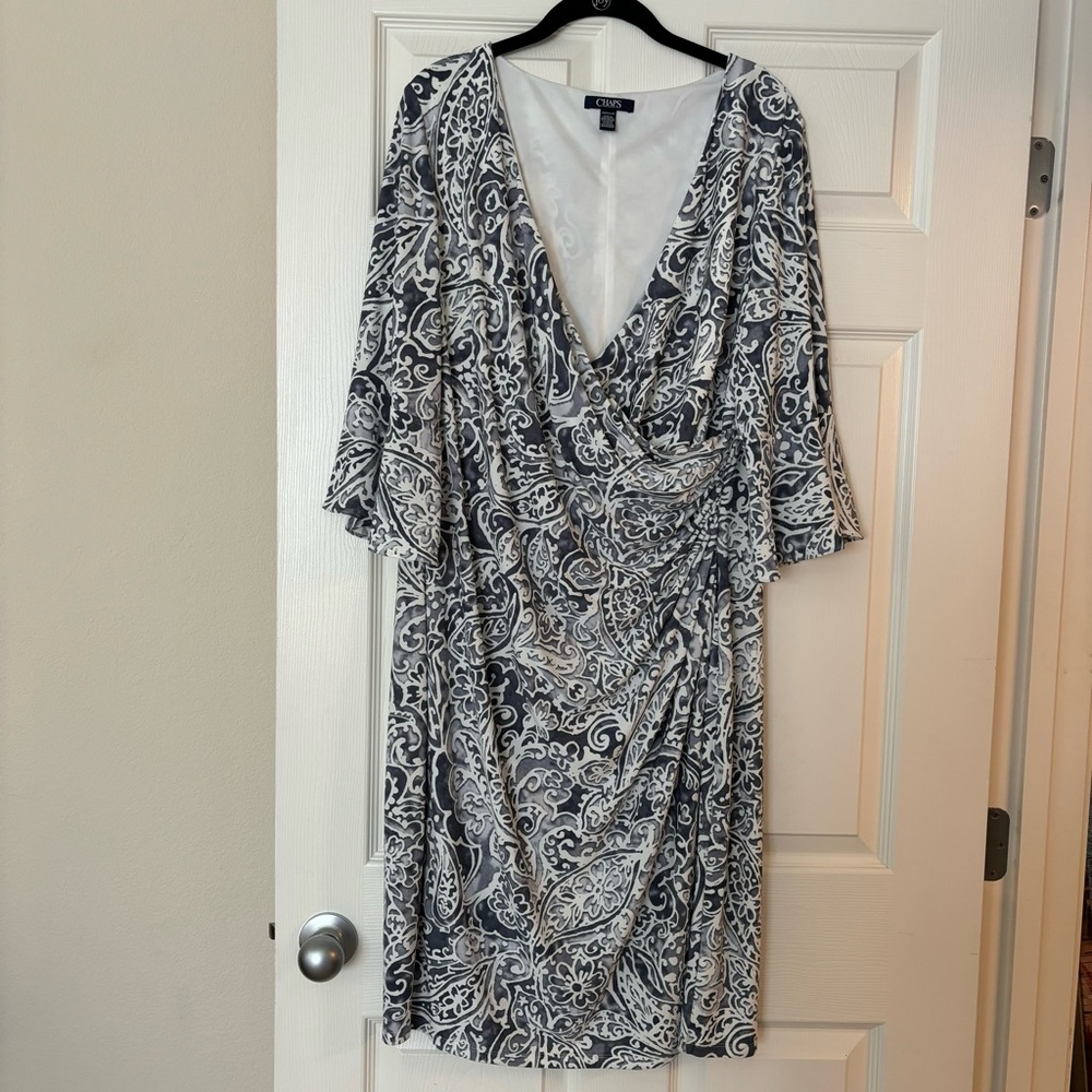 Chaps Faux Wrap Bell Sleeve Paisley Dress, blue/white size 16W